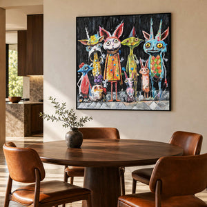 Artwork showing a row of wide-eyed animal-like characters in orange, turquoise, yellow and pink on black in a dining area beside the table, with a black frame.