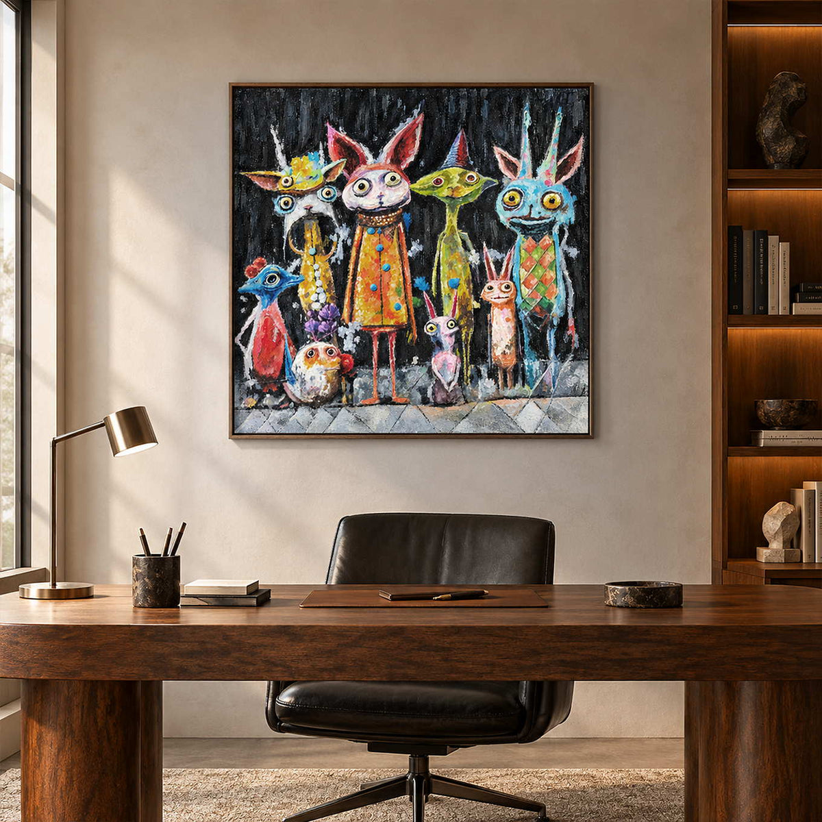 A row of wide-eyed animal-like characters in orange, turquoise, yellow and pink on black in an artwork with a brown wood-look frame, displayed in a study with a desk.