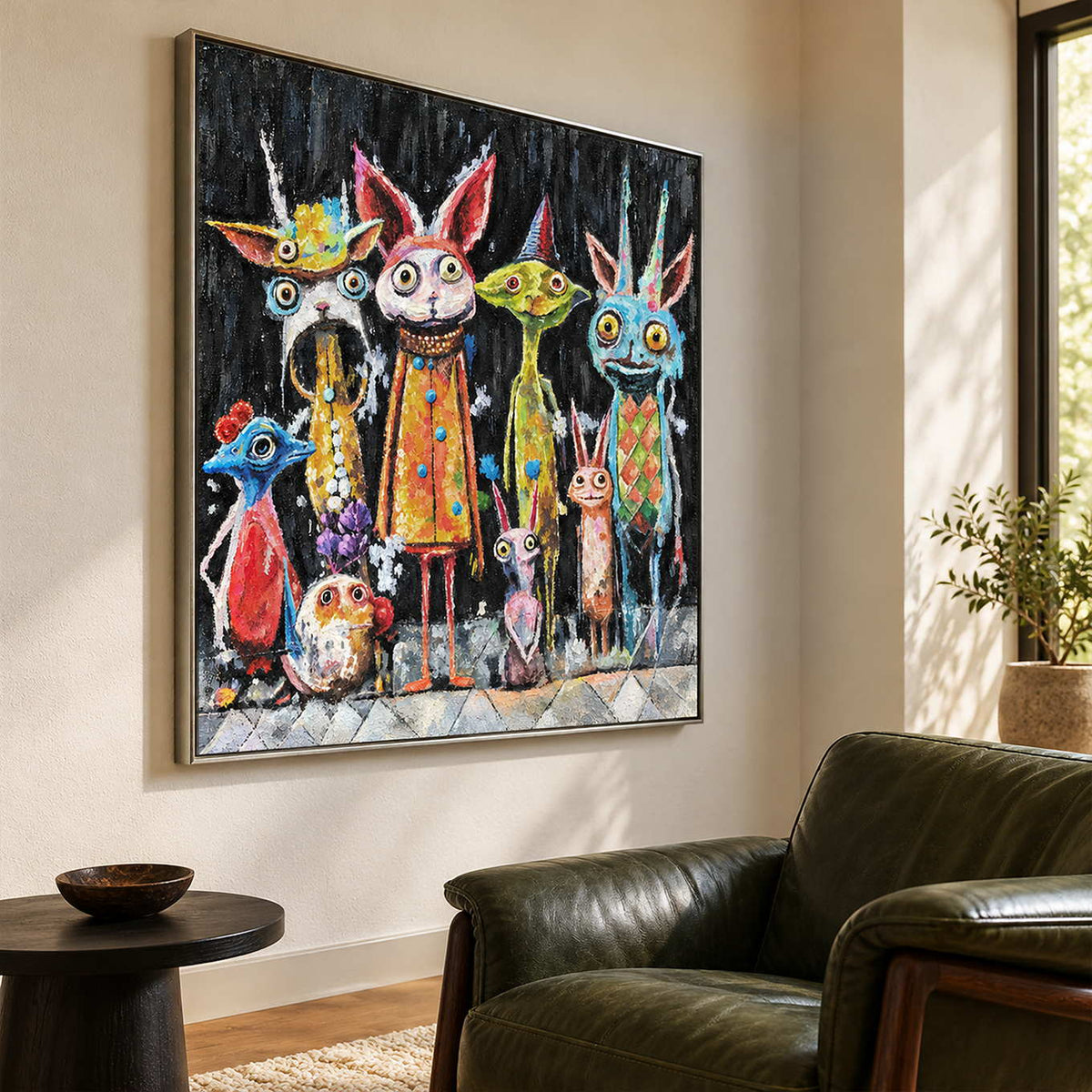 A row of wide-eyed animal-like characters in orange, turquoise, yellow and pink on black in an artwork with a silver-colored frame, displayed beside a reading chair.