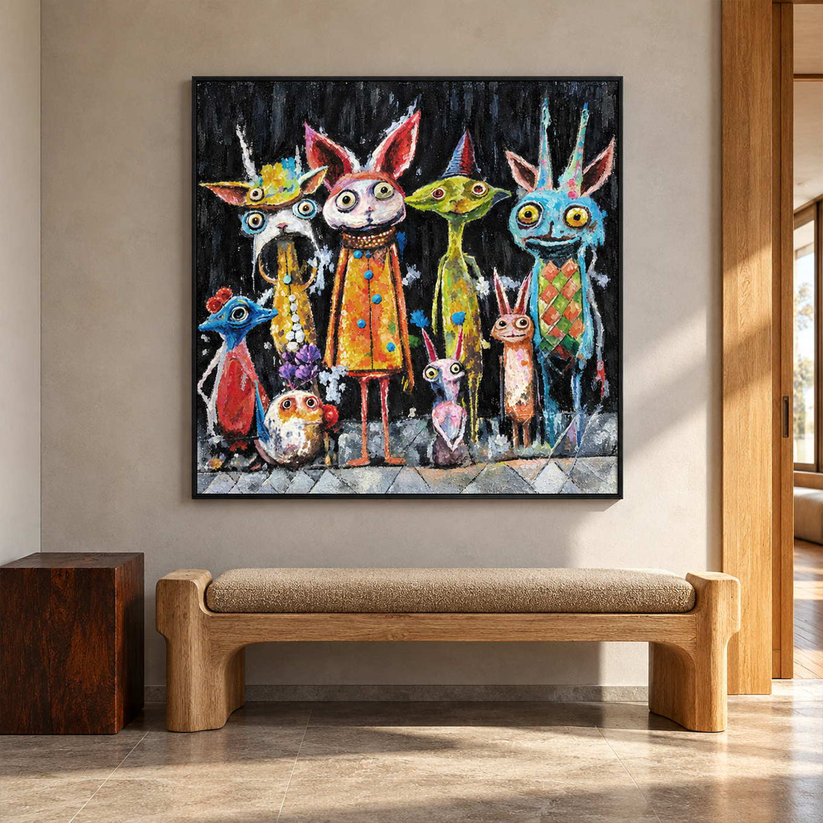 In a seating area, an artwork with a black frame shows a row of wide-eyed animal-like characters in orange, turquoise, yellow and pink on black.