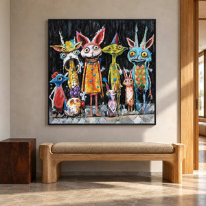 In a seating area, an artwork with a black frame shows a row of wide-eyed animal-like characters in orange, turquoise, yellow and pink on black.