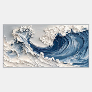 Wide blue wave artwork with a large curling crest on the right, a smaller left crest, and thick white foam.