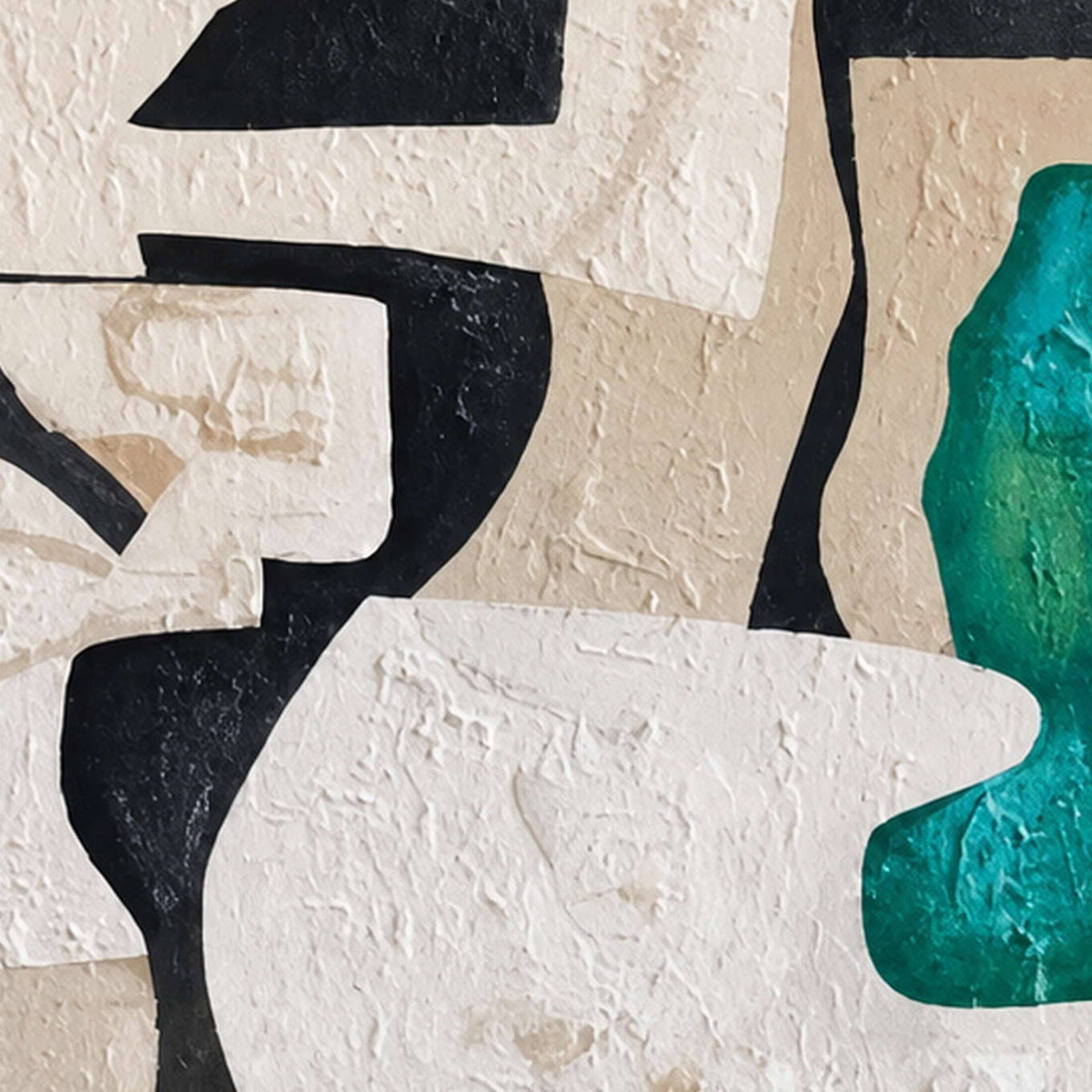 Close detail of textured cream curves meeting black shapes and a vivid green patch.