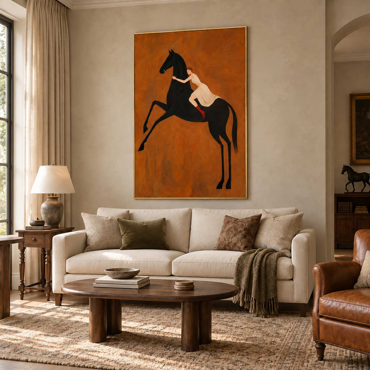 Wild at Heart in a gold frame above a cream sofa with olive and patterned cushions in a warm living room.