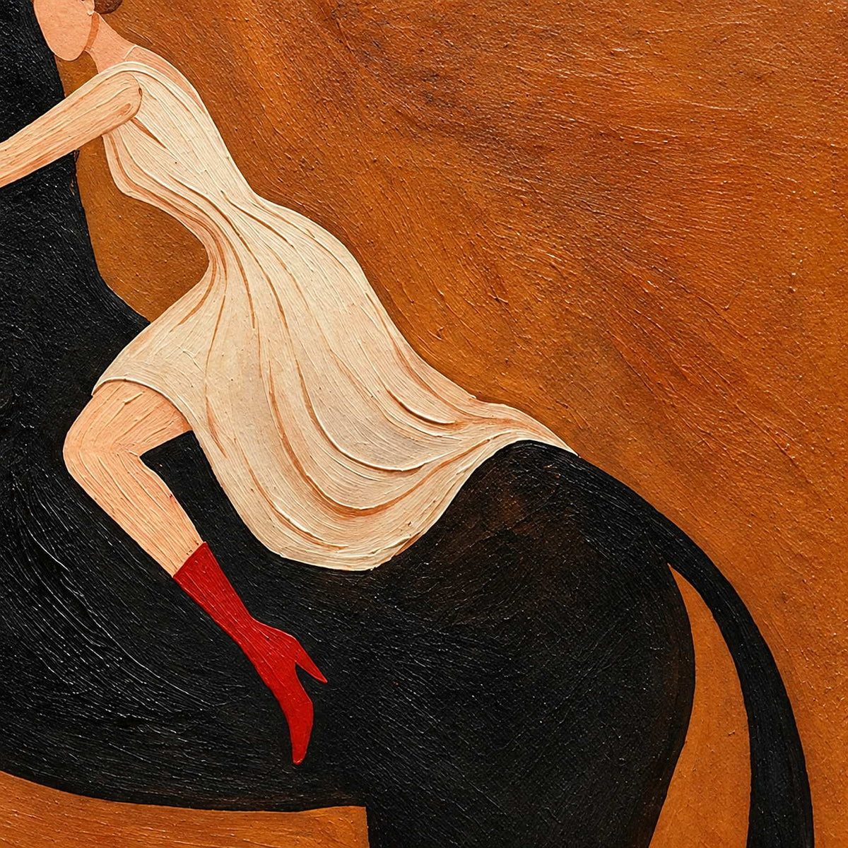 Close-up of Wild at Heart showing the rider's flowing cream dress and red boot against the black horse and ochre background.