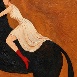Close-up of Wild at Heart showing the rider's flowing cream dress and red boot against the black horse and ochre background.