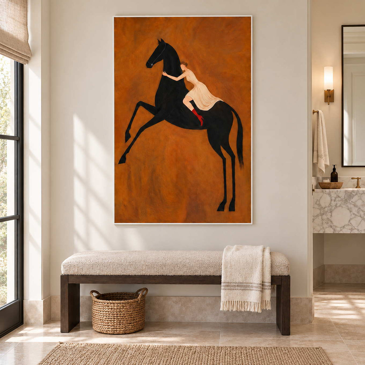 Wild at Heart in a white frame above a cushioned bench and towel basket beside a bathroom vanity.