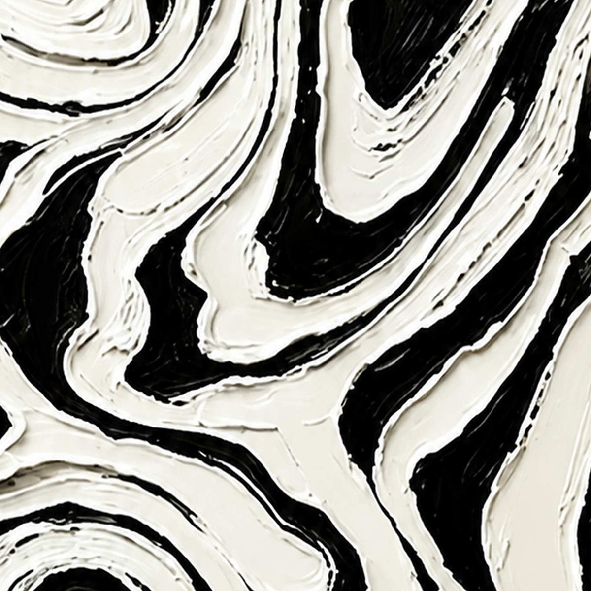 Close-up of thick white ridges curling around narrow black channels in abstract artwork.