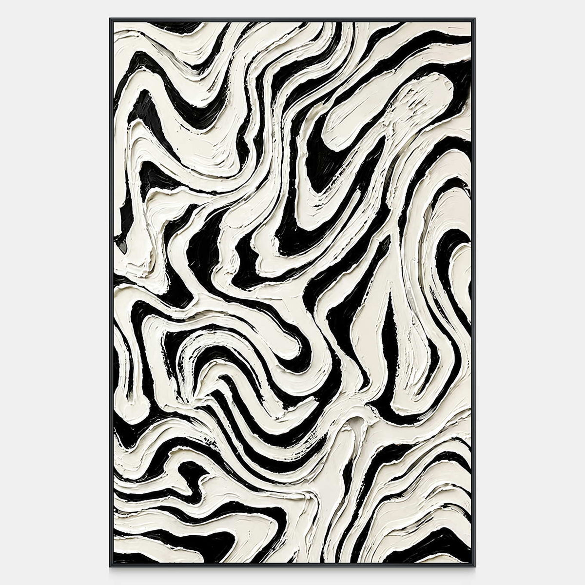 Vertical black and white abstract painting with thick looping ridges and narrow dark channels.