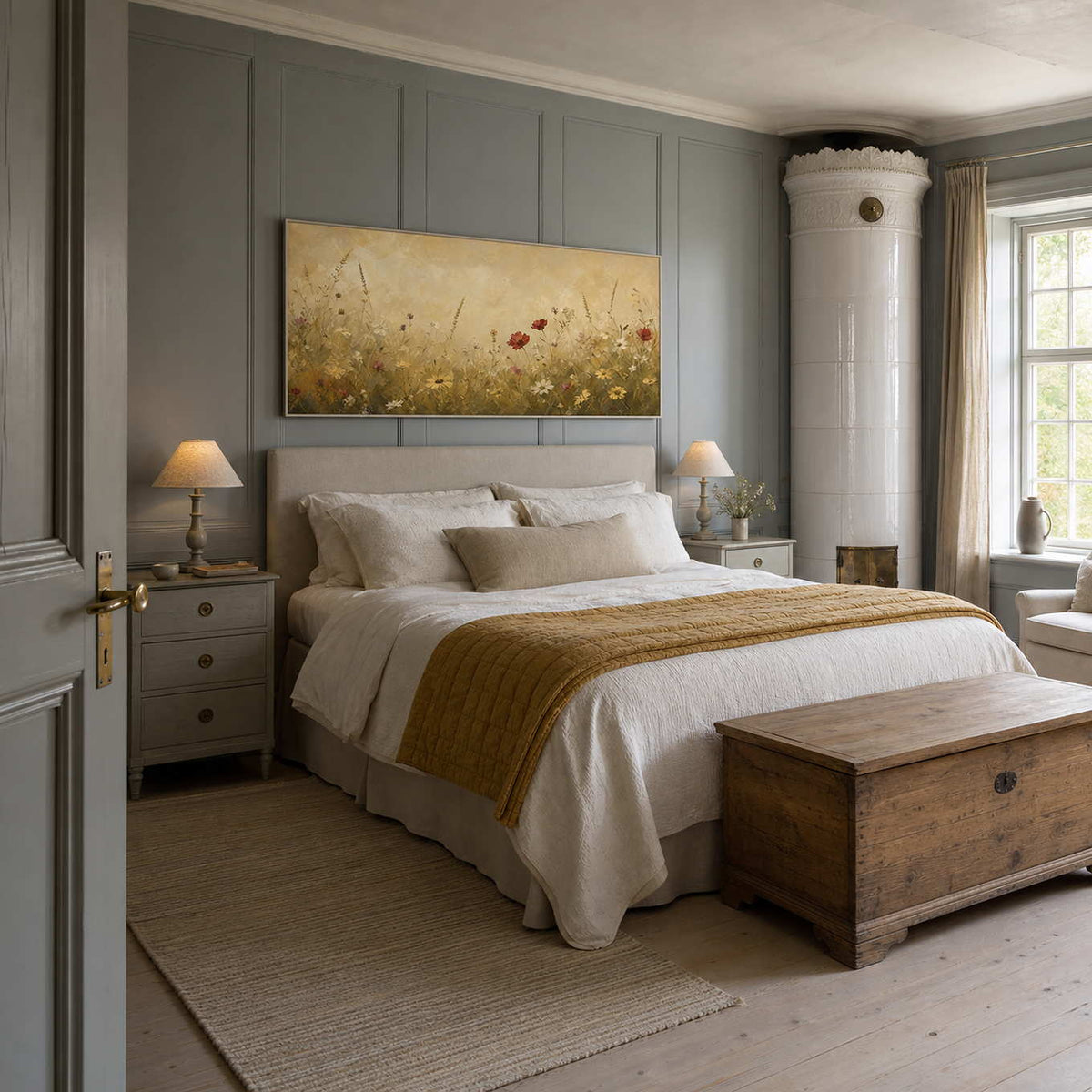 Warm textured wildflower painting above a calm neutral bedroom.