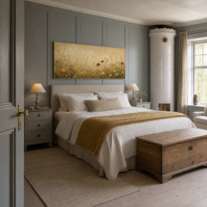 Warm textured wildflower painting above a calm neutral bedroom.
