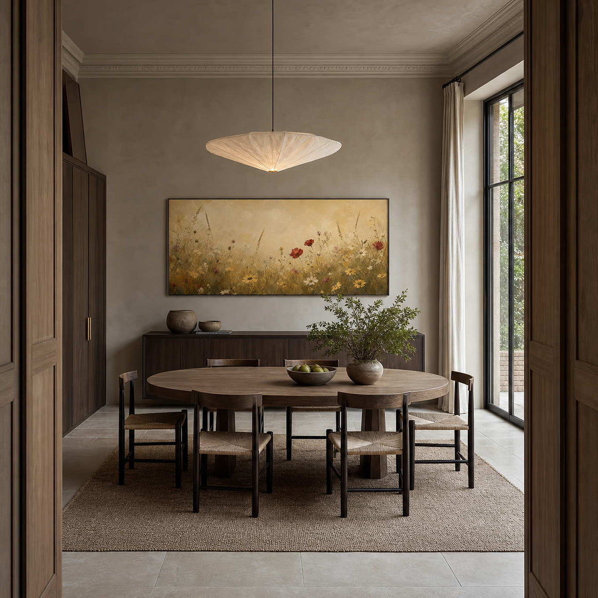 Golden wildflower wall art displayed in a refined neutral dining room.