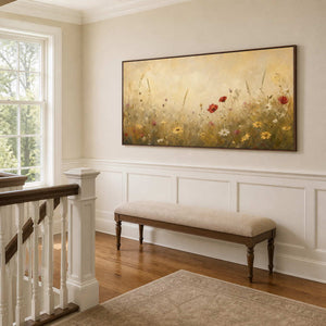 Golden meadow wall art brightening a classic stair landing hallway.