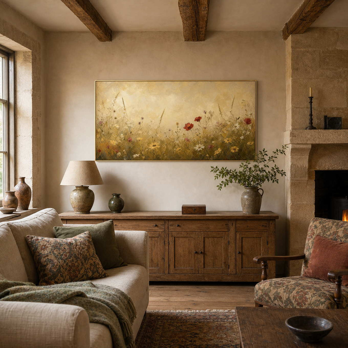 Textured golden wildflower wall art in a warm rustic living room.