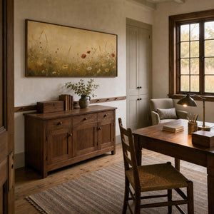Panoramic floral wall art bringing golden warmth to a home office.