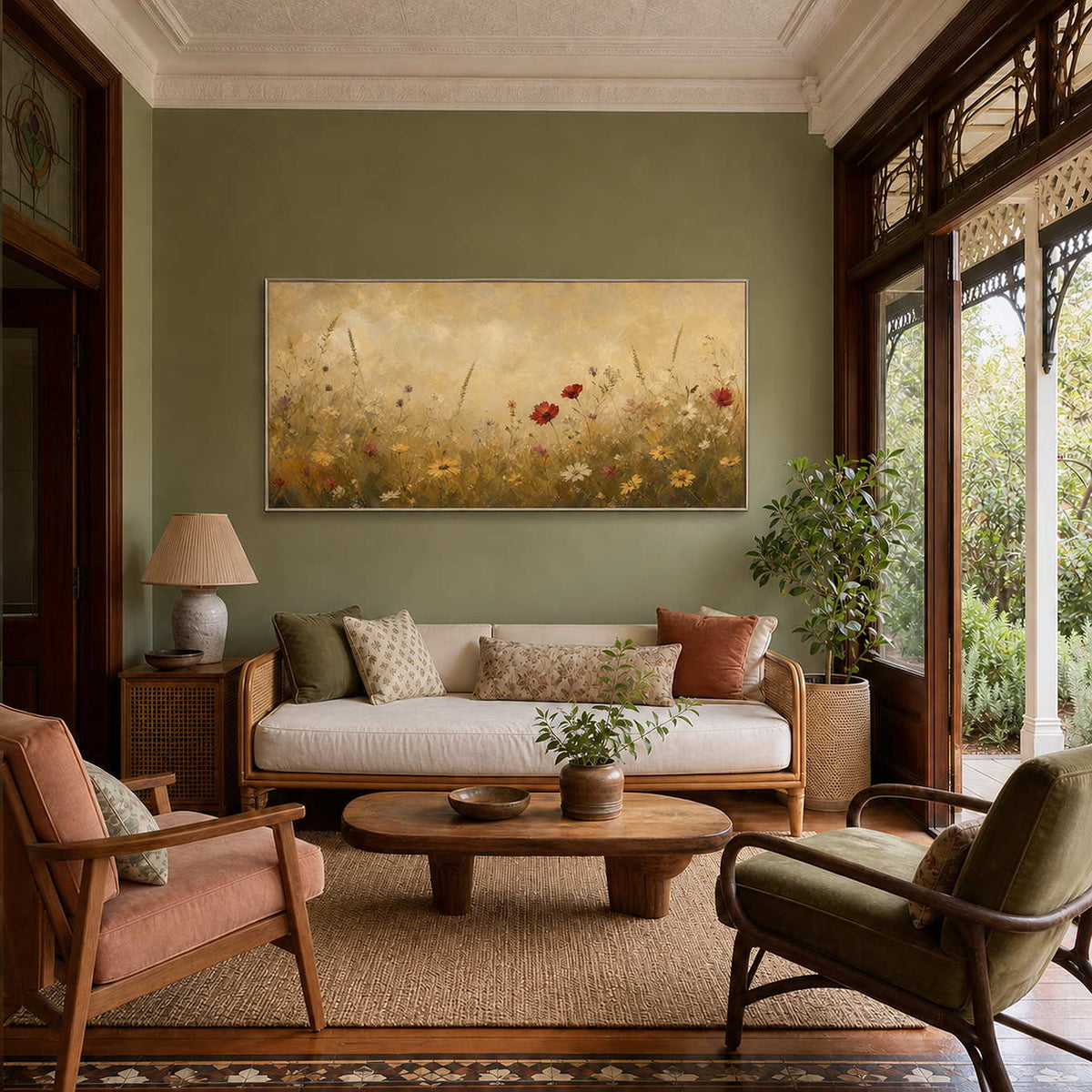 Golden wildflower canvas styled in a green-walled sunroom lounge.