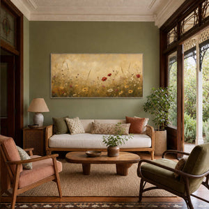 Golden wildflower canvas styled in a green-walled sunroom lounge.