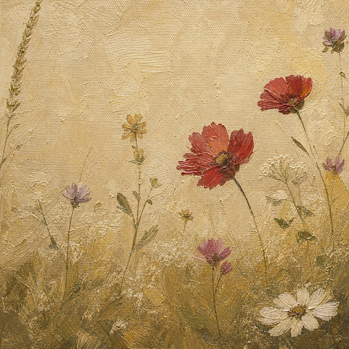 Close-up of raised wildflower texture in gold, red, and ivory.