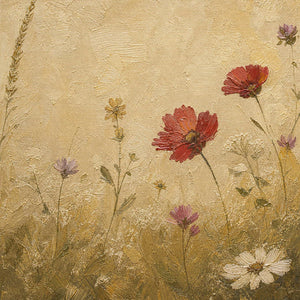 Close-up of raised wildflower texture in gold, red, and ivory.