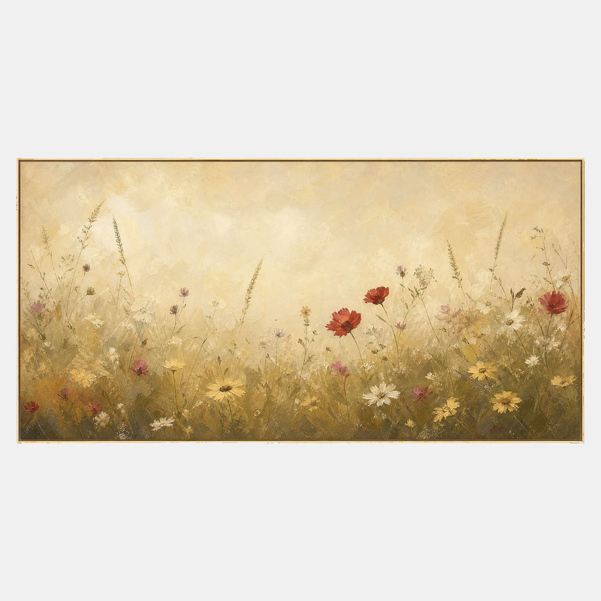 Panoramic golden wildflower painting with red poppies and ivory blooms.