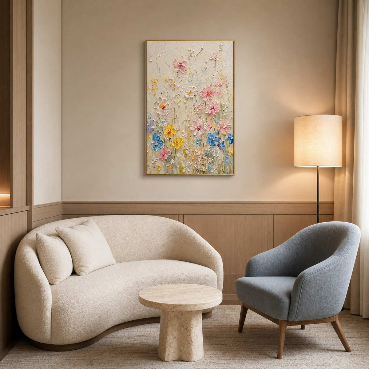 Textured Floral Wall Art displayed in a refined hospitality lounge.