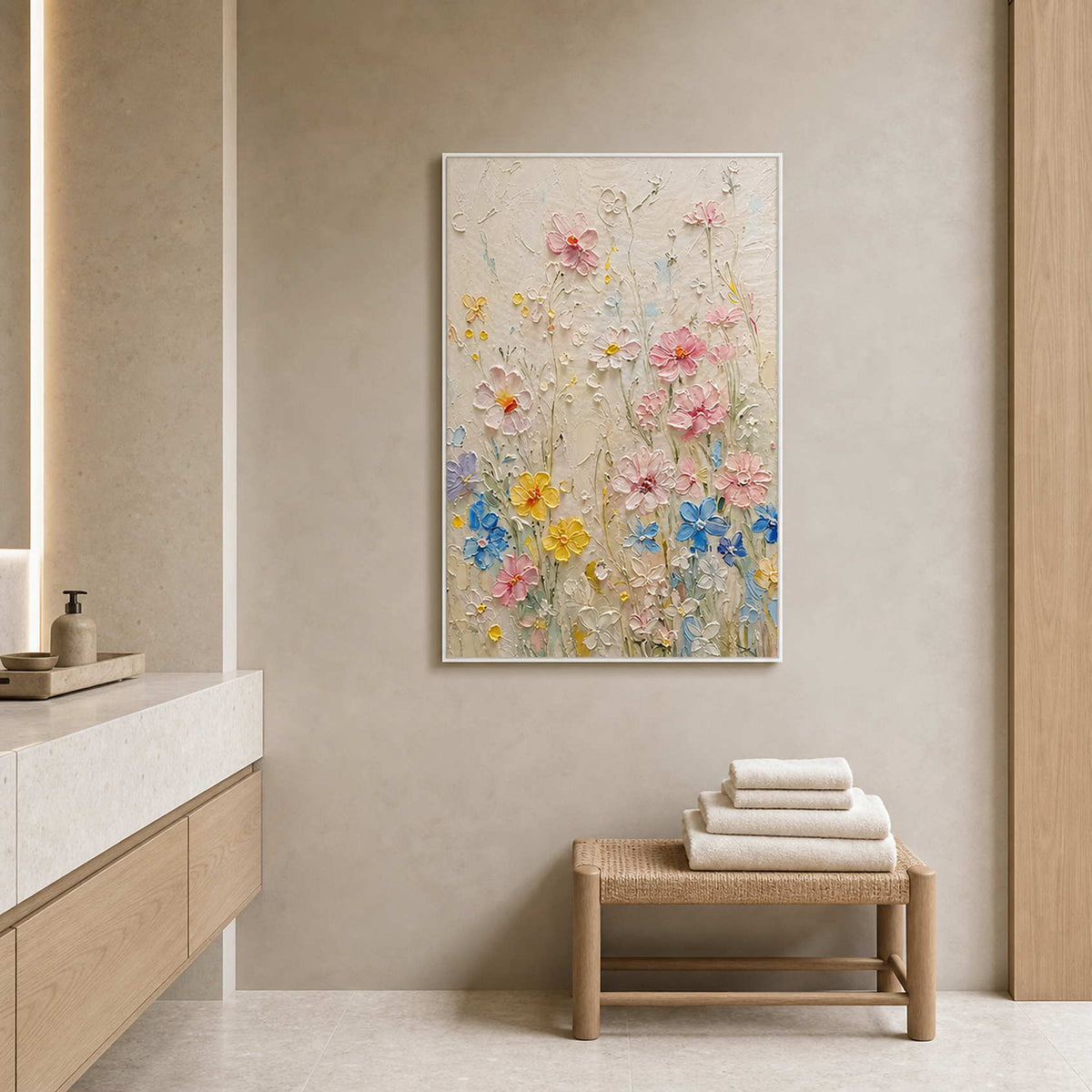 Textured Floral Wall Art displayed in a refined spa reception.