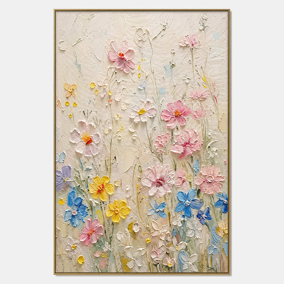 Hand-painted textured floral wall art with pink & blush, blue, and warm tones tones.
