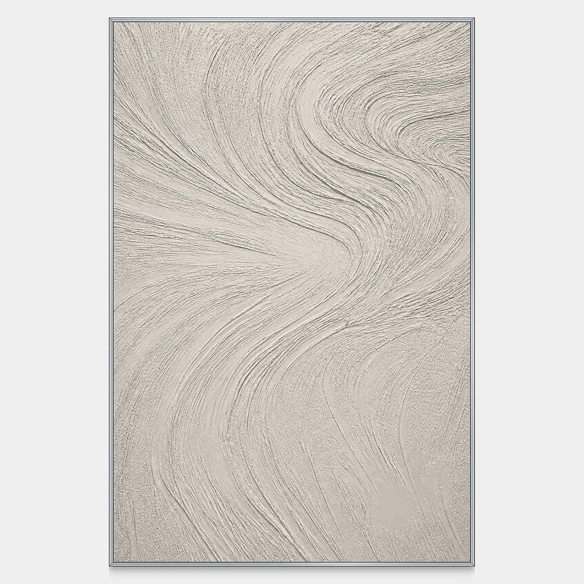 Hand-painted vertical Wabi Sabi wall art in chalk white, ivory, and pale stone.