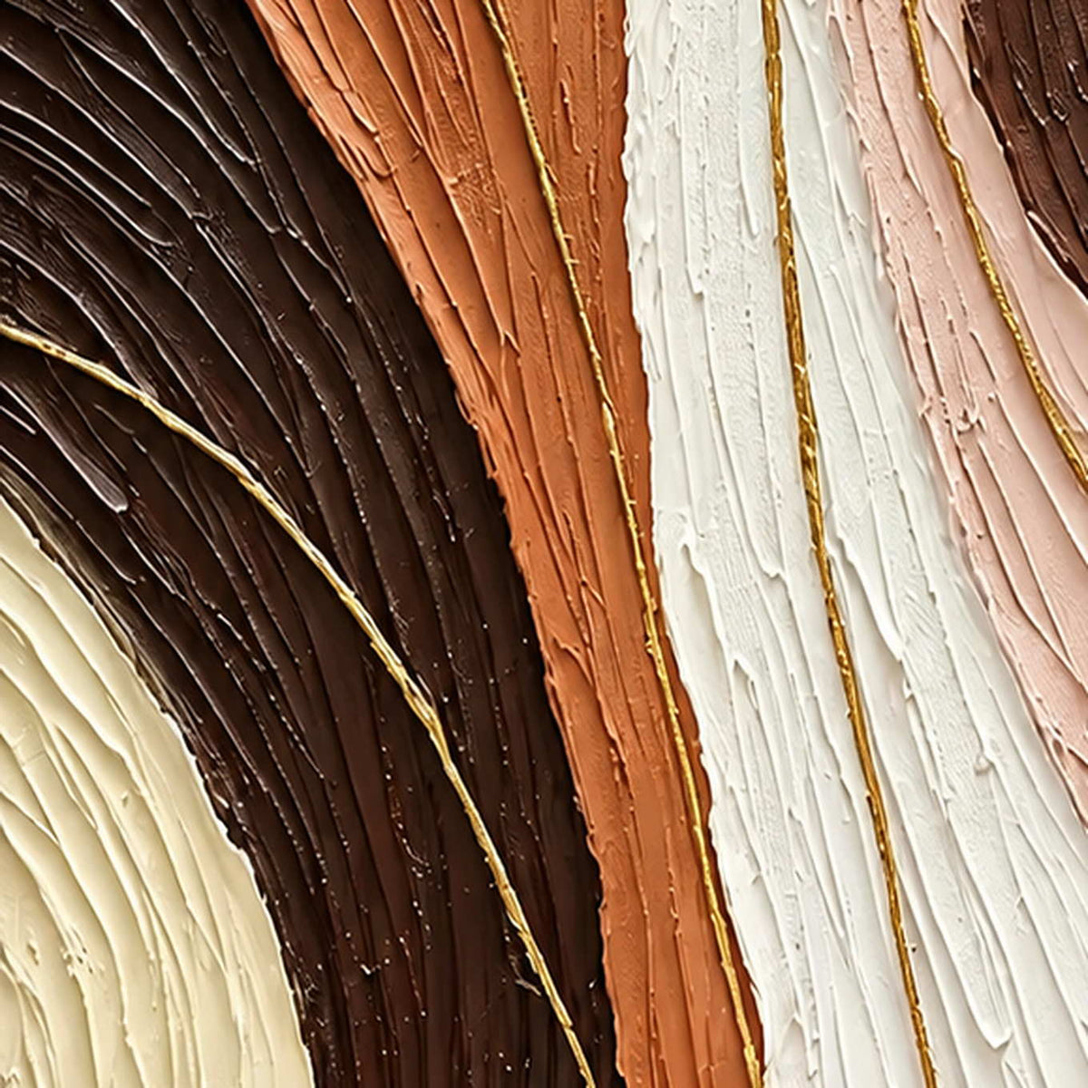 Close-up of raised terracotta, brown, ivory, and blush grooves with fine golden lines.