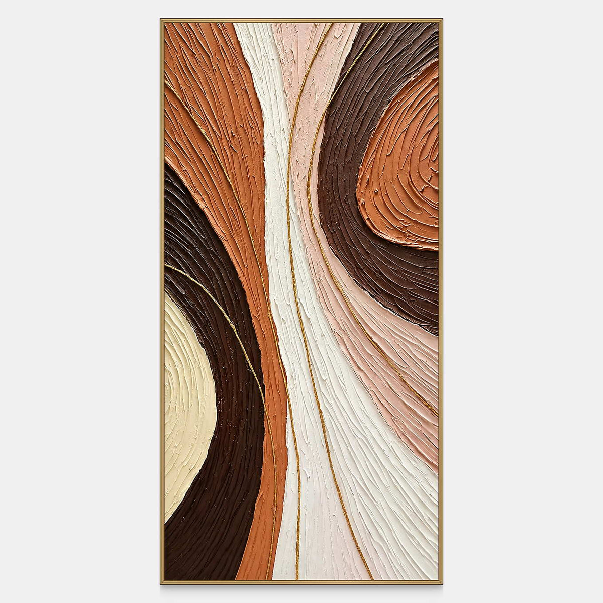 Vertical abstract wall art with terracotta, brown, blush, and ivory curves with raised grooves.