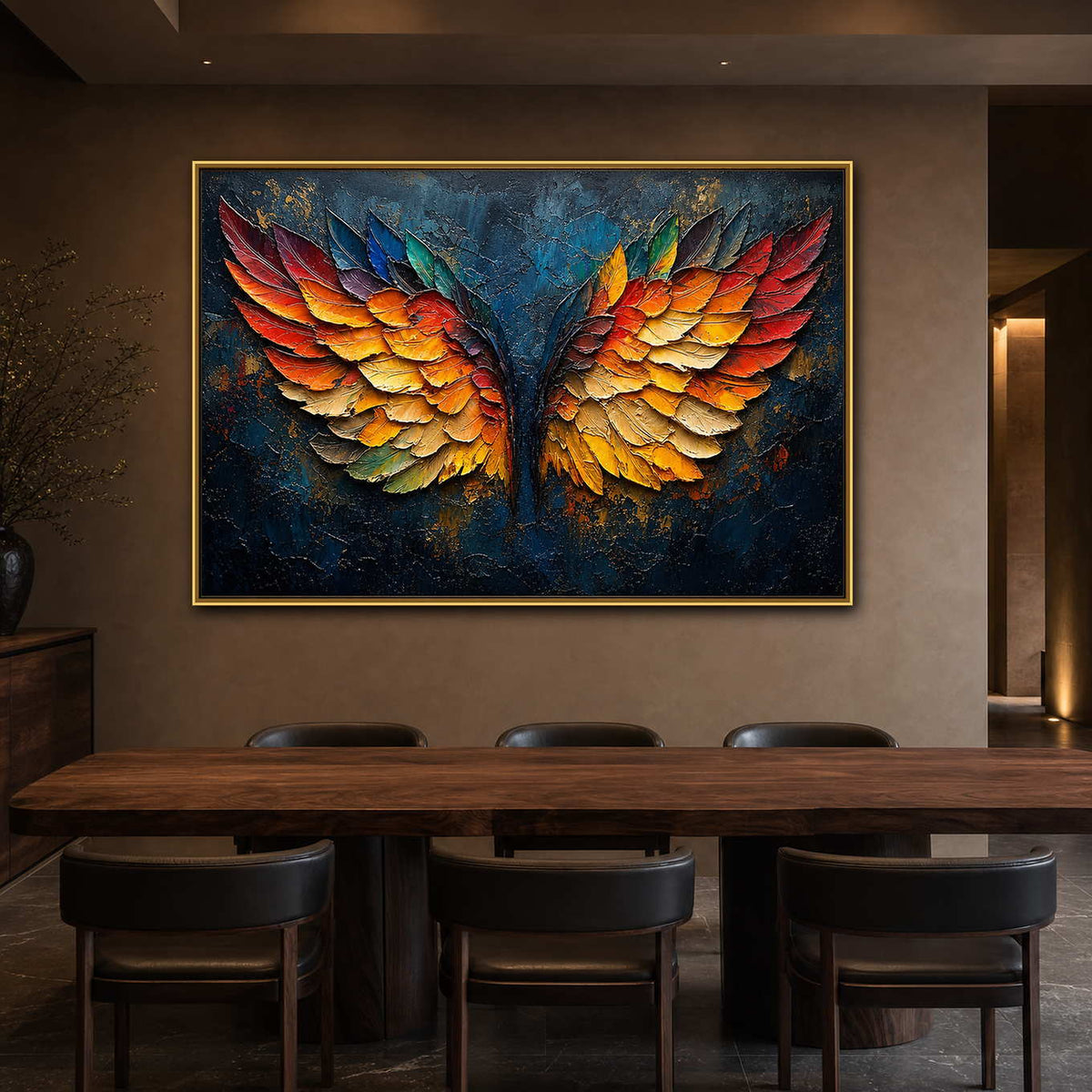 Textured Angel Wing Wall Art displayed in a refined dining room.