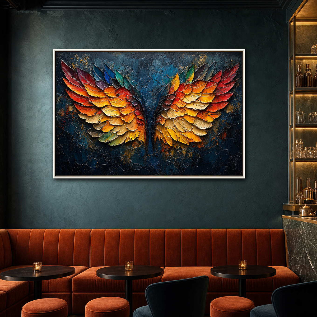 Textured Angel Wing Wall Art displayed in a refined hospitality lounge.