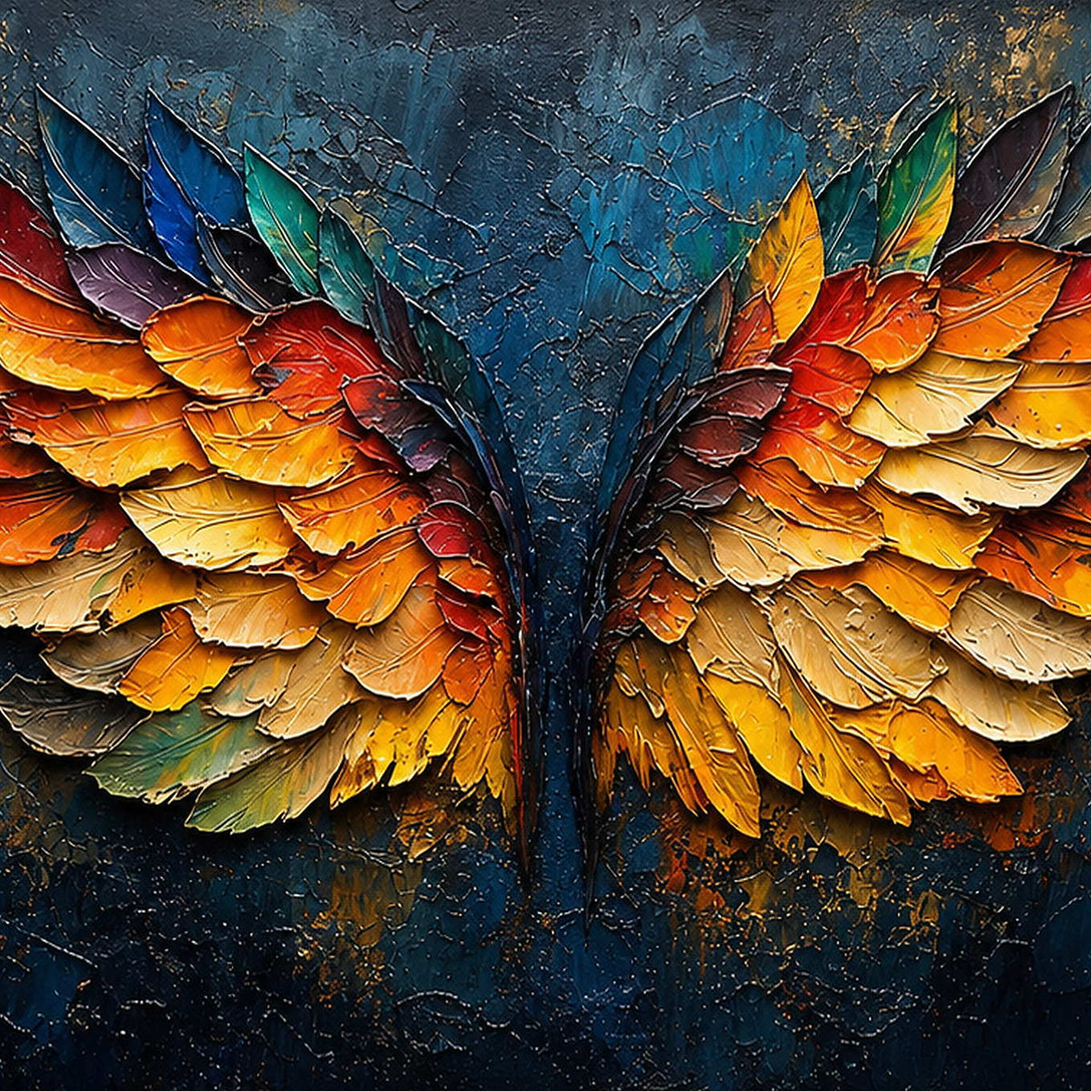 Close-up of raised hand-painted texture in black, warm tones, and blue.