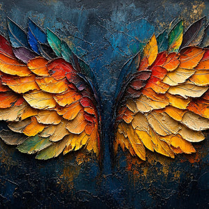 Close-up of raised hand-painted texture in black, warm tones, and blue.