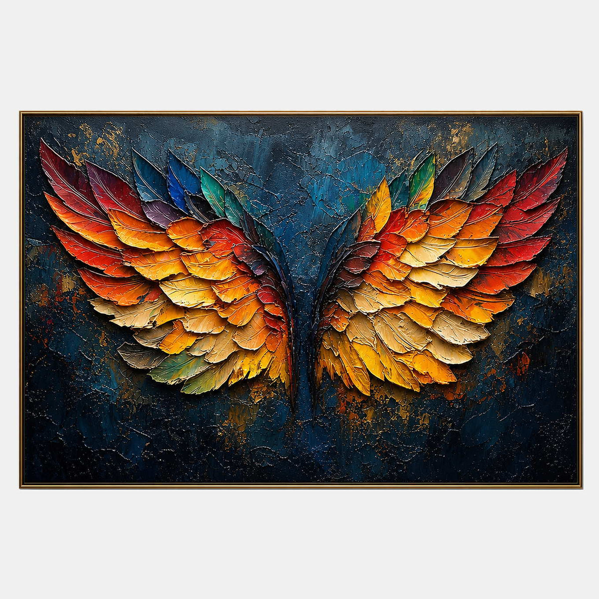 Hand-painted textured angel wing wall art with black, warm tones, and blue tones.