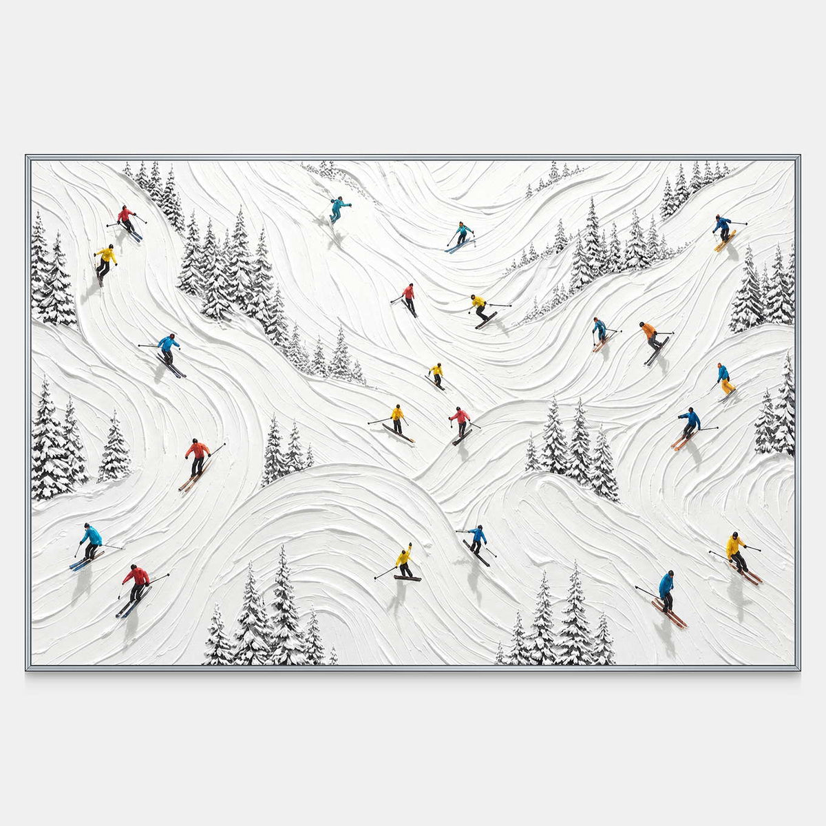 Front view of Winter at Play, a horizontal painting of small colorful skiers weaving between dark evergreens across textured white slopes.