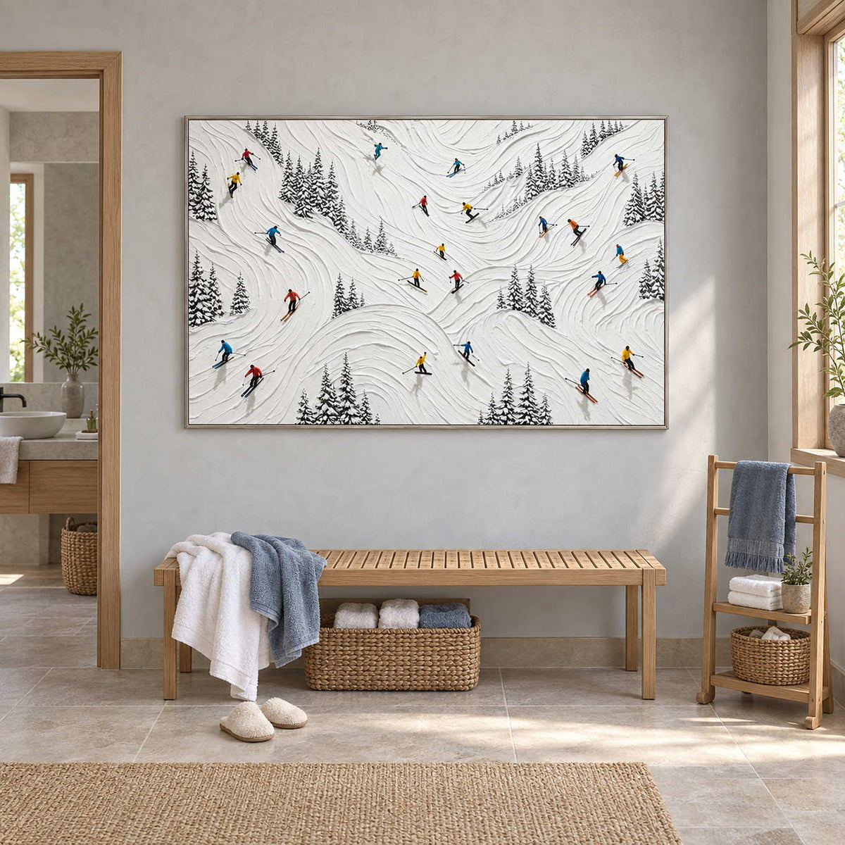 Winter at Play in a silver frame above a slatted wood bench in a bright bathroom dry area.