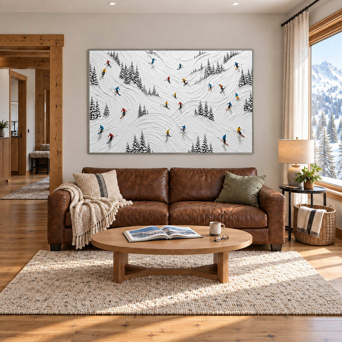 Winter at Play in a silver frame above a brown leather sofa in a wood-accented living room.