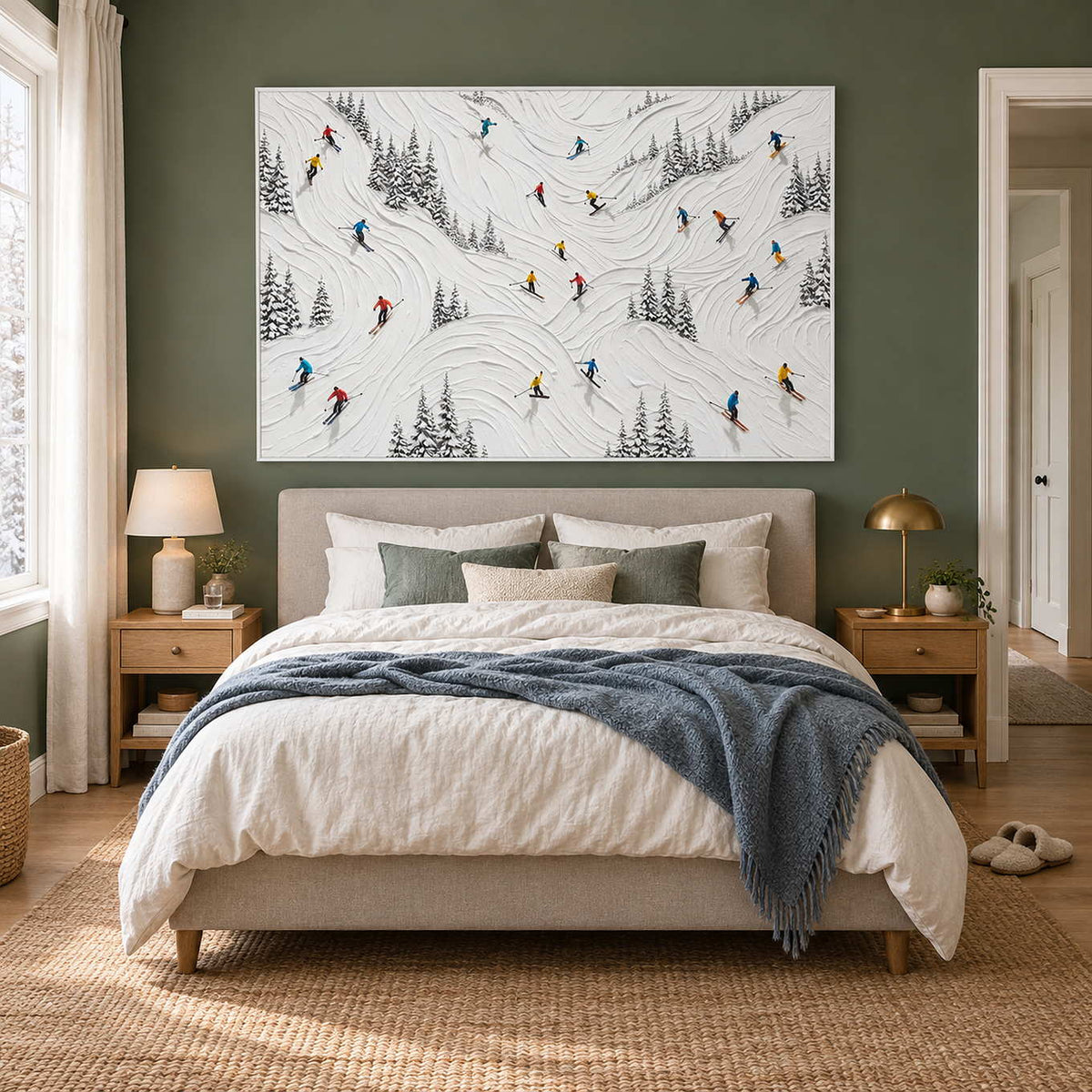 Winter at Play in a white frame above a neutral bed against a muted green bedroom wall.