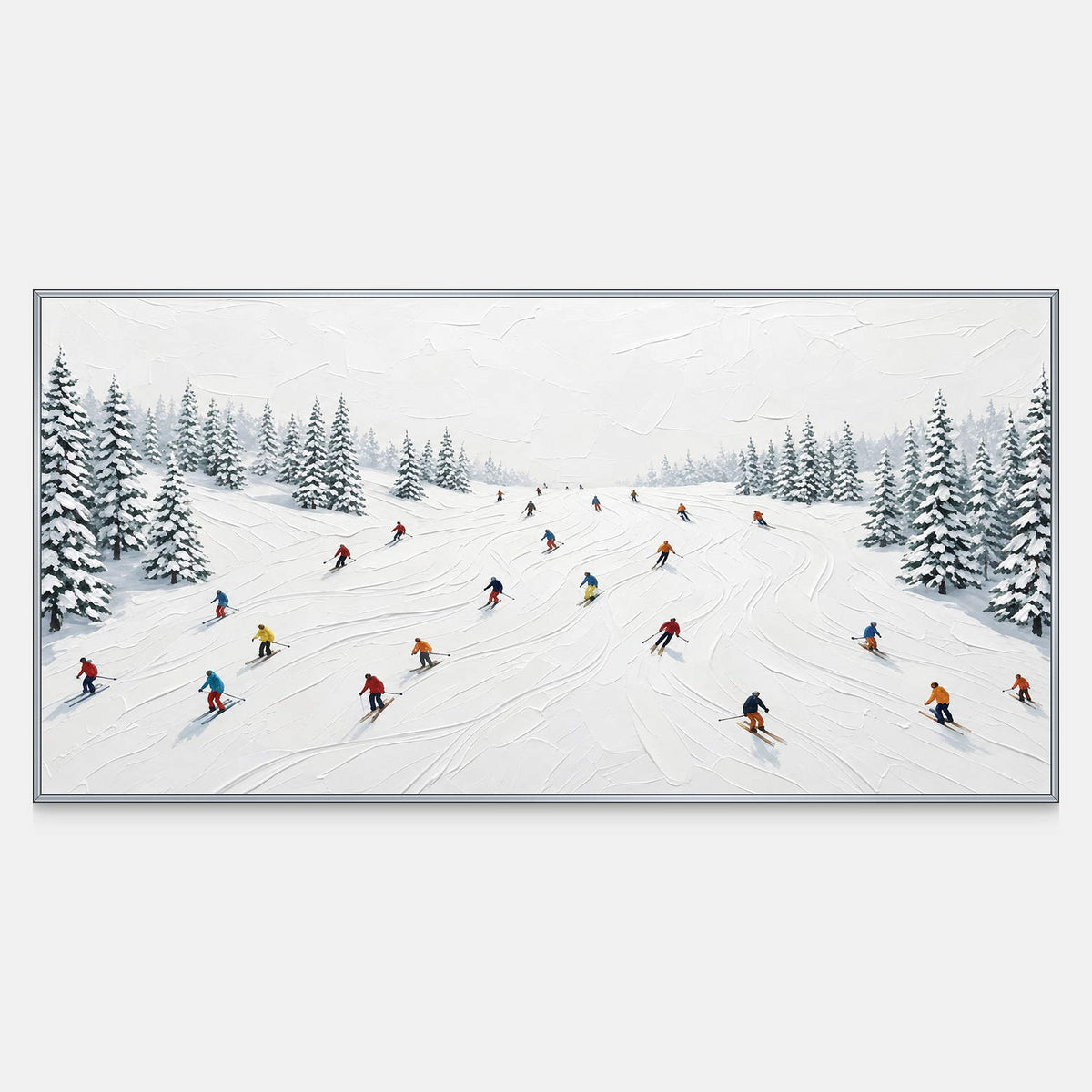 Front view of Winter Joy, small colorful skiers weaving across a broad white slope between snow-covered evergreens and curving tracks.