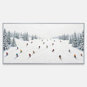 Front view of Winter Joy, small colorful skiers weaving across a broad white slope between snow-covered evergreens and curving tracks.