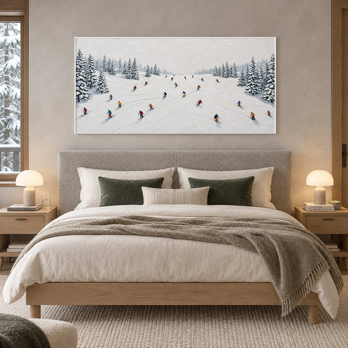 Winter Joy in a white frame above a gray upholstered bed with white bedding and deep green cushions.