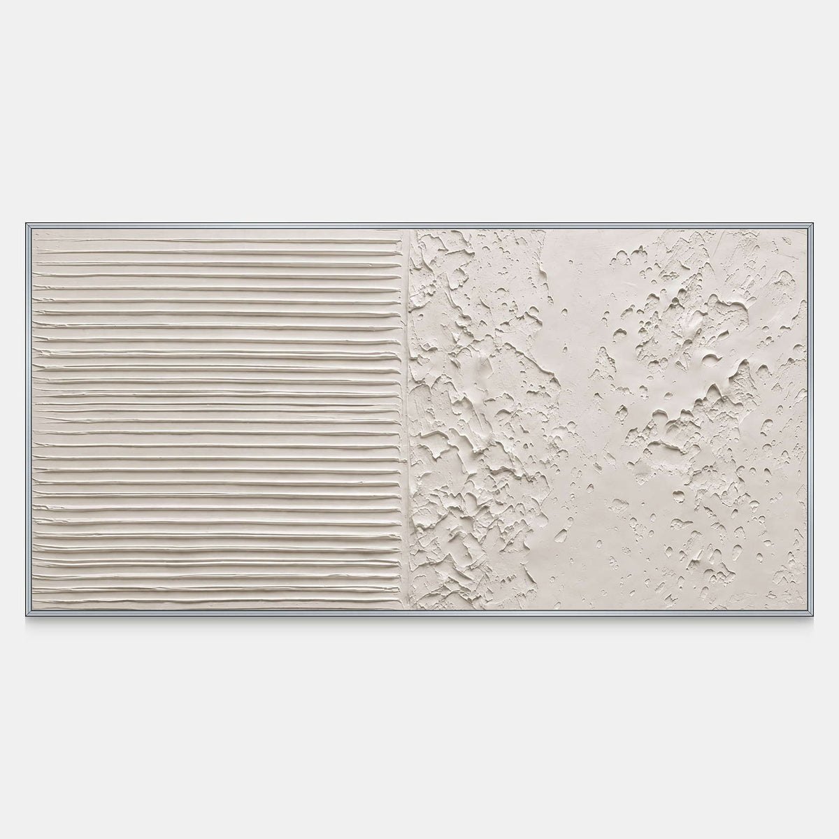 Front view of Wordless Dialogue, a wide cream abstract with fine horizontal ridges on the left and irregular texture on the right.