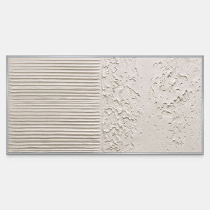 Front view of Wordless Dialogue, a wide cream abstract with fine horizontal ridges on the left and irregular texture on the right.