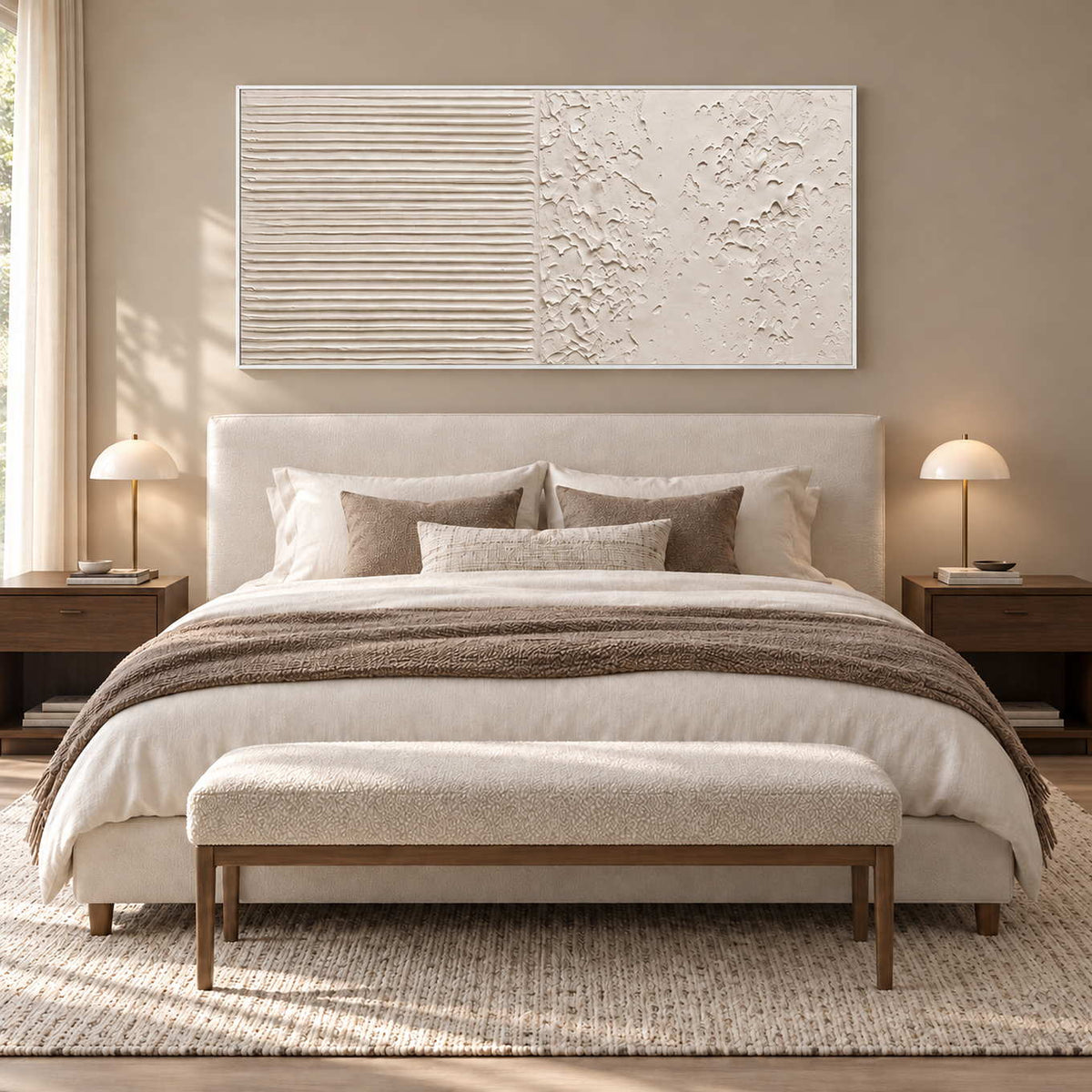 Wordless Dialogue in a white frame above a cream bed with brown layered textiles and a pale upholstered bench.