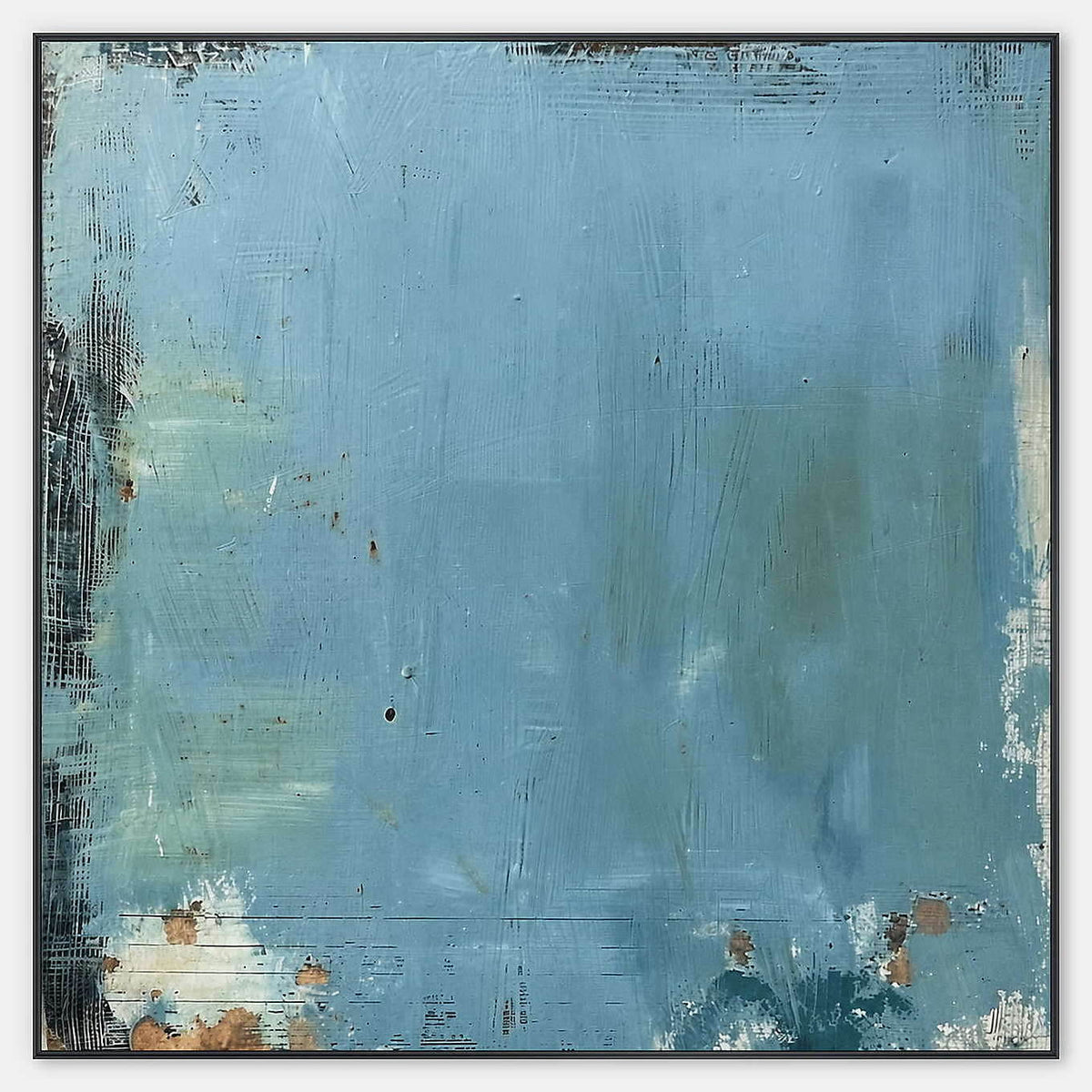 Hand-painted square aqua canvas with weathered dark edges and rust traces.