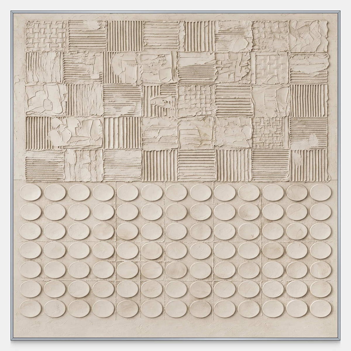 Front view of Woven Days, with varied textured squares above orderly rows of broad rounded ovals in warm beige.