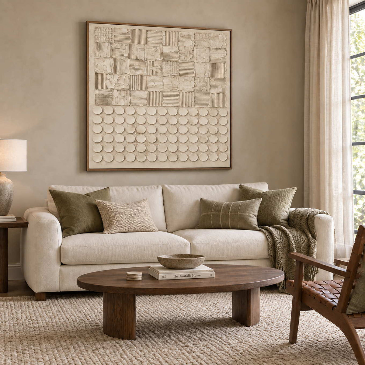 Woven Days in a wood frame above a cream sofa with olive cushions and an oval wood coffee table.