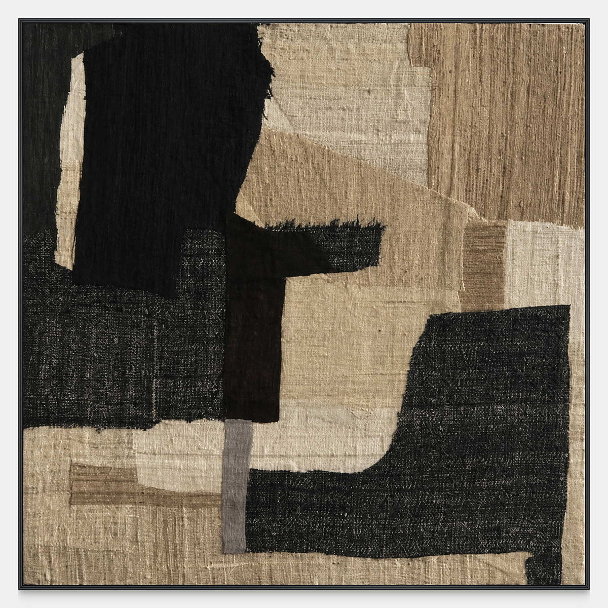 Woven Through Time, a square abstract artwork with broad black shapes and layered tan and beige fabric-like textures.