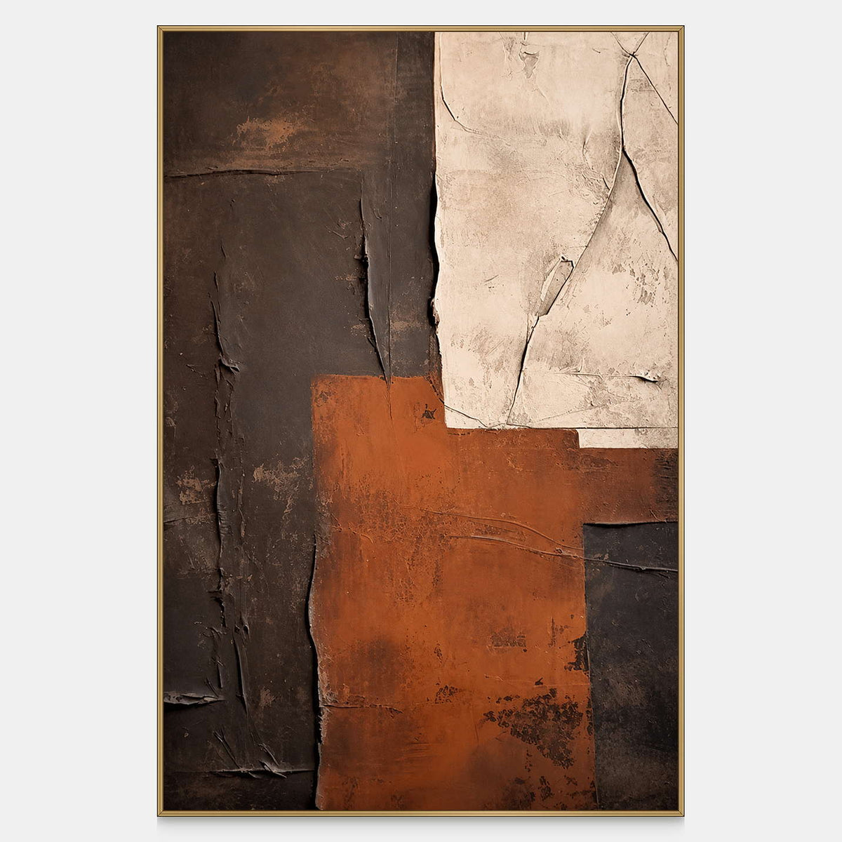 Cream, brown, and rust rectangles overlap with cracked edges in textured abstract art.